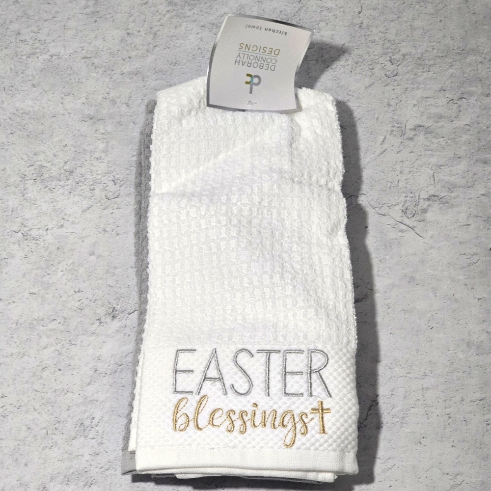 NWT Deborah Connolly Designs Easter Blessings Gray White Kitchen Towels SET OF 2